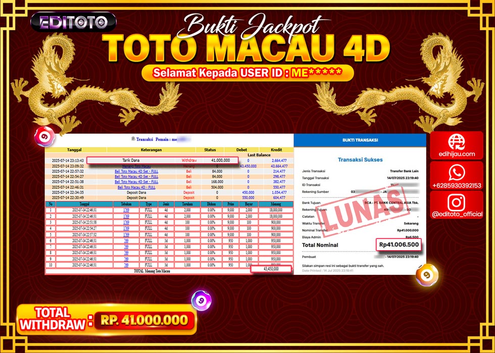 JACKPOT EDITOTO TOGEL PASARAN TOTO MACAU 4D Rp.41.000.000.,- LUNAS
