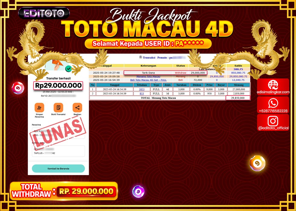 JACKPOT EDITOTO TOGEL PASARAN MACAU 4D Rp.29.000.000.,- LUNAS