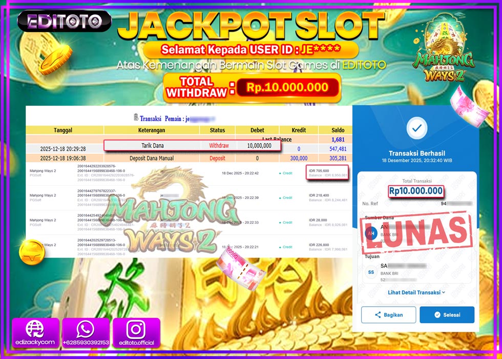 JACKPOT EDITOTO SLOT MAHJONG WAYS 2  Rp.10.000.000,- LUNAS