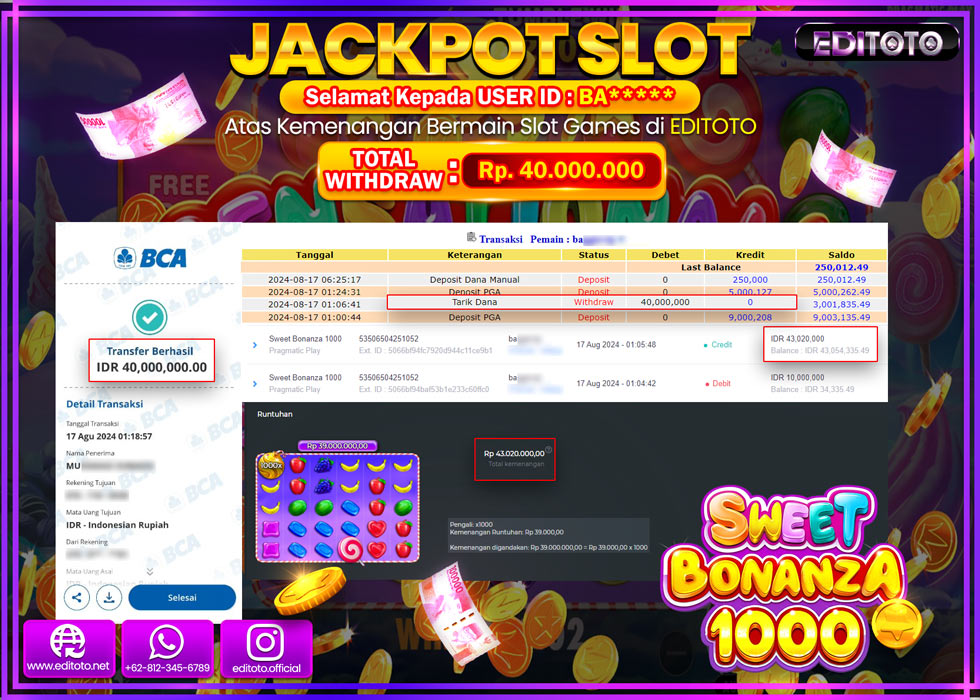 JACKPOT SLOT SWEET BONANZA 1000 Rp.40.000.000.,- LUNAS