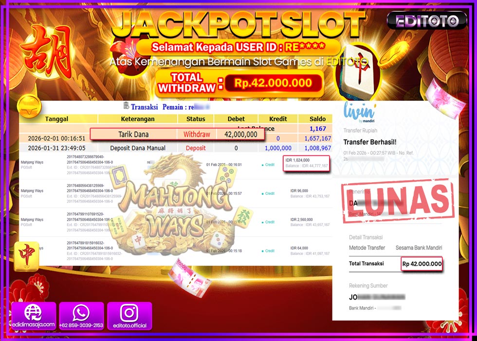 JACKPOT EDITOTO SLOT MAHJONG WAYS Rp.42.000.000,- LUNAS