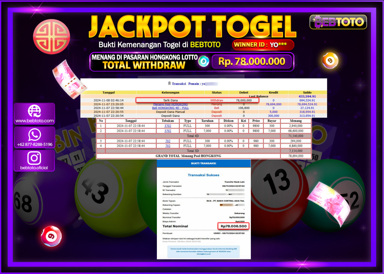 JACKPOT TOGEL BEBTOTO HONGKONG LOTTO  Rp.78.000.000.,- LUNAS