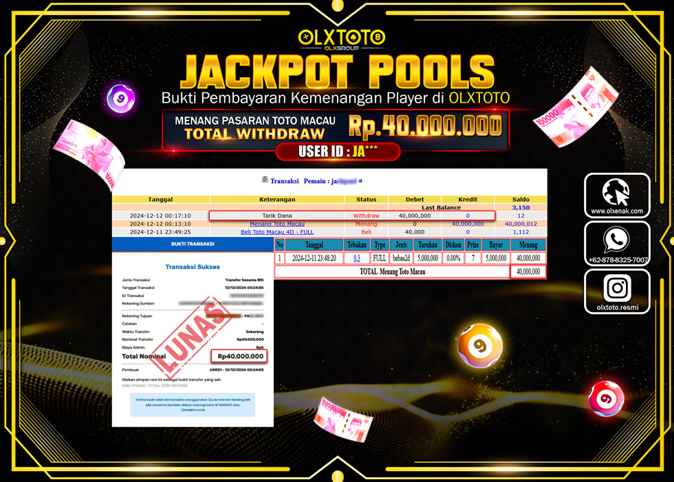 OLXTOTO JACKPOT  TOGEL POOL TOTO MACAU Rp.40.000.000.,- LUNAS