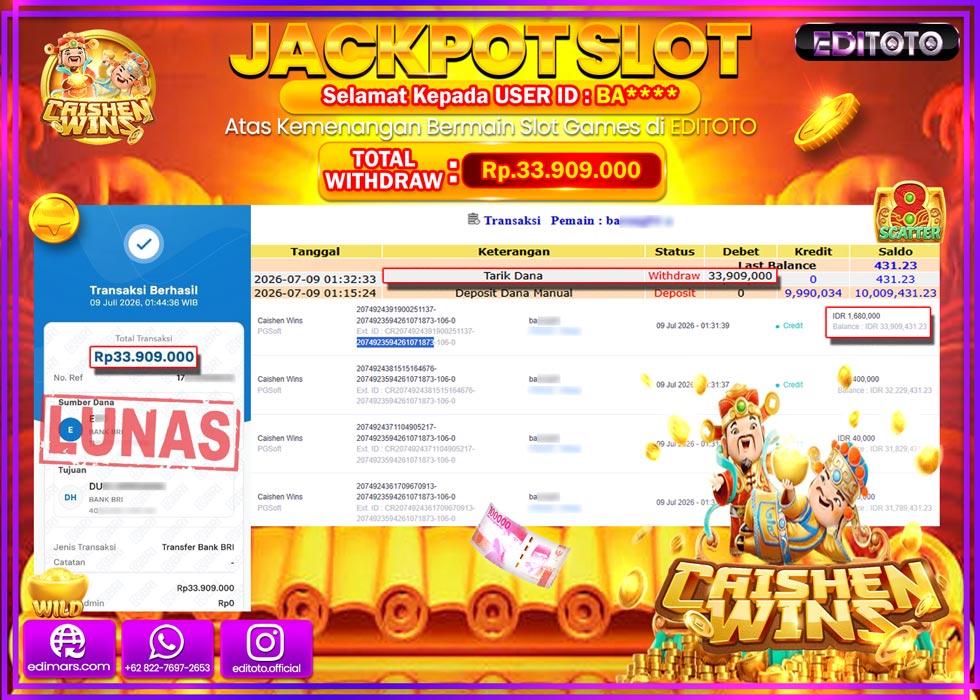 JACKPOT EDITOTO SLOT CAISHEN WINS Rp.33.909.000,- LUNAS