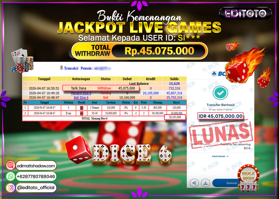 JACKPOT EDITOTO LIVE GAMES DICE 6 Rp. 45.075.000.,- LUNAS