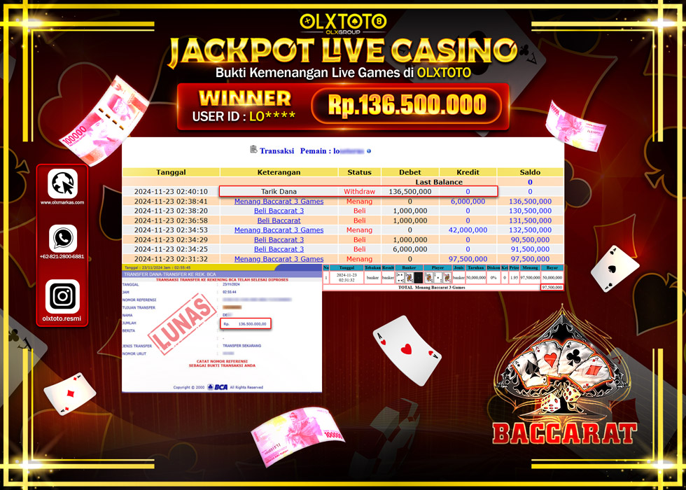 OLXTOTO JACKPOT  LIVE GAMES BACCARAT 3 Rp.136.500.000.,- LUNAS