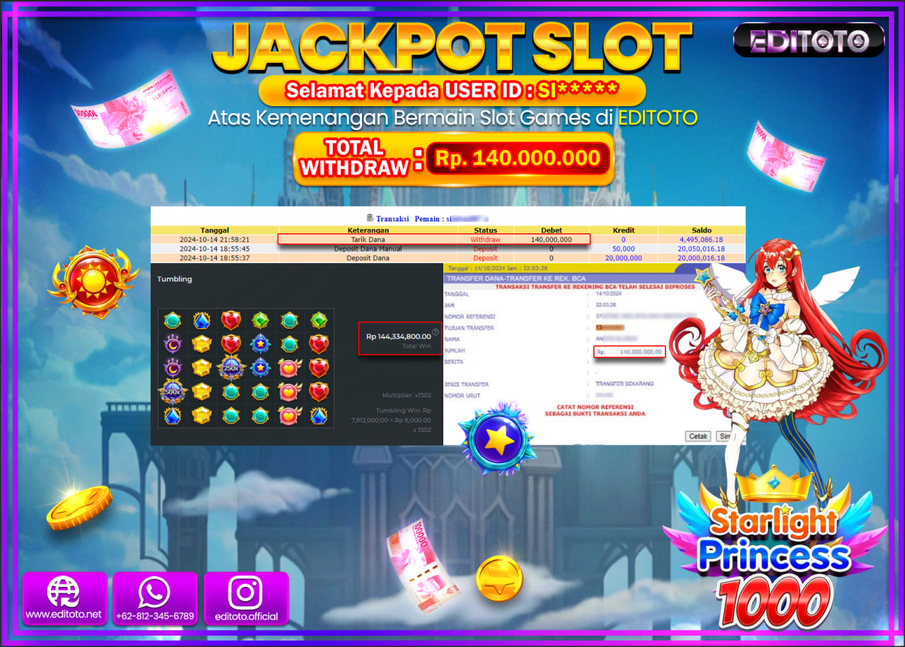 JACKPOT SLOT STARLIGHT PRINCESS 1000 Rp.140.000.000.,- LUNAS