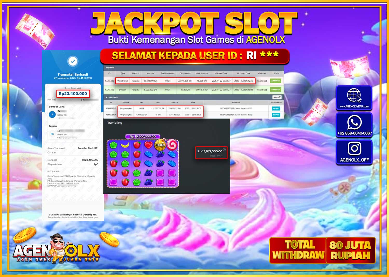 AGENOLX JACKPOT SLOT SWEET BONANZA 1000 Rp 23,400,000,- LUNAS