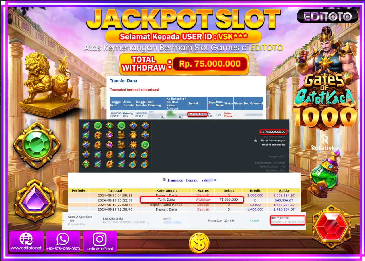 JACKPOT SLOT GATES OF GATOT KACA 1000  Rp.75.000.000.,- LUNAS