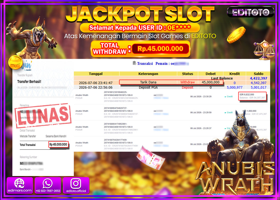 JACKPOT EDITOTO SLOT ANUBIS WRATH Rp.45.000.000,- LUNAS