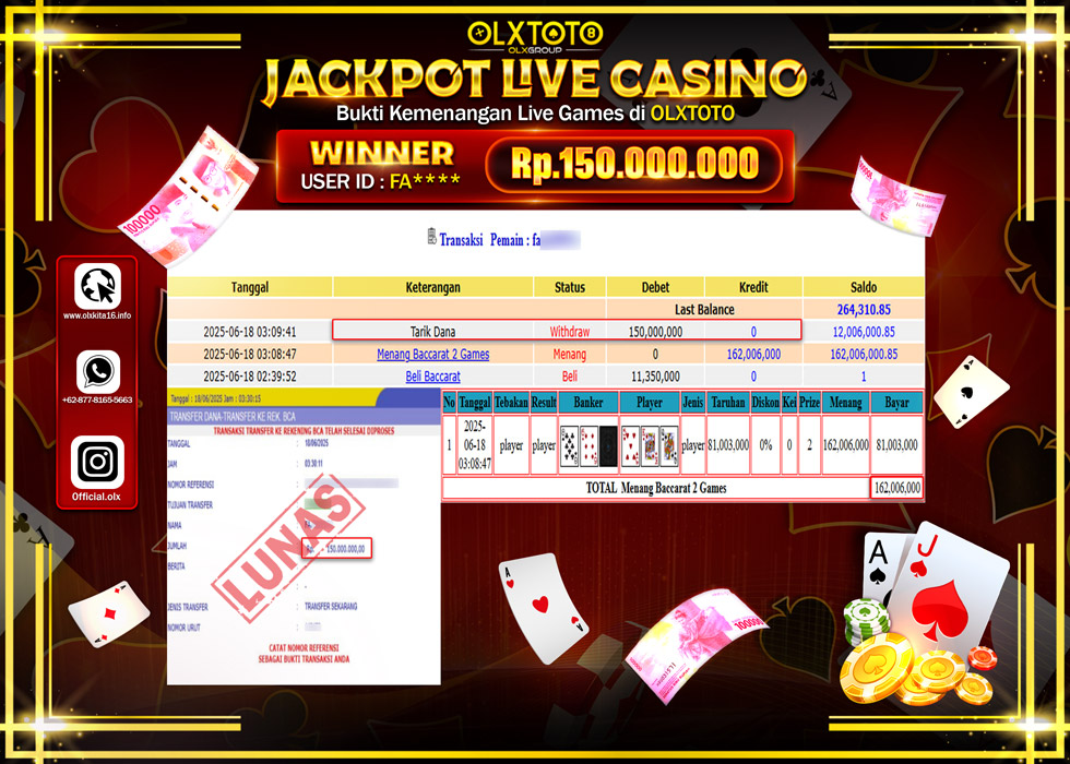 BONDAN69 JACKPOT LIVE GAMES BACCARAT 2 GAMES Rp.150.000.000.,- LUNAS