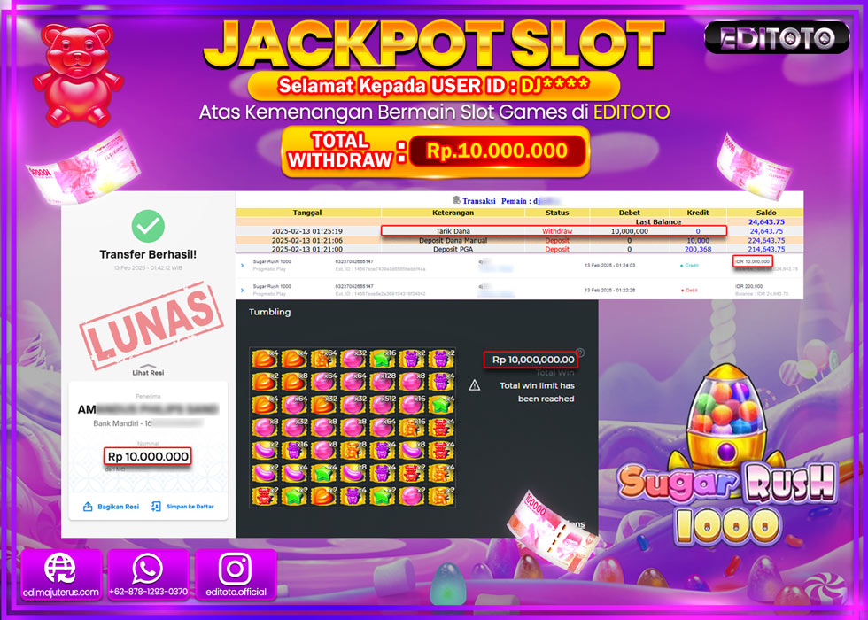 JACKPOT SLOT SUGAR RUSH 1000  Rp.10.000.000.,- LUNAS