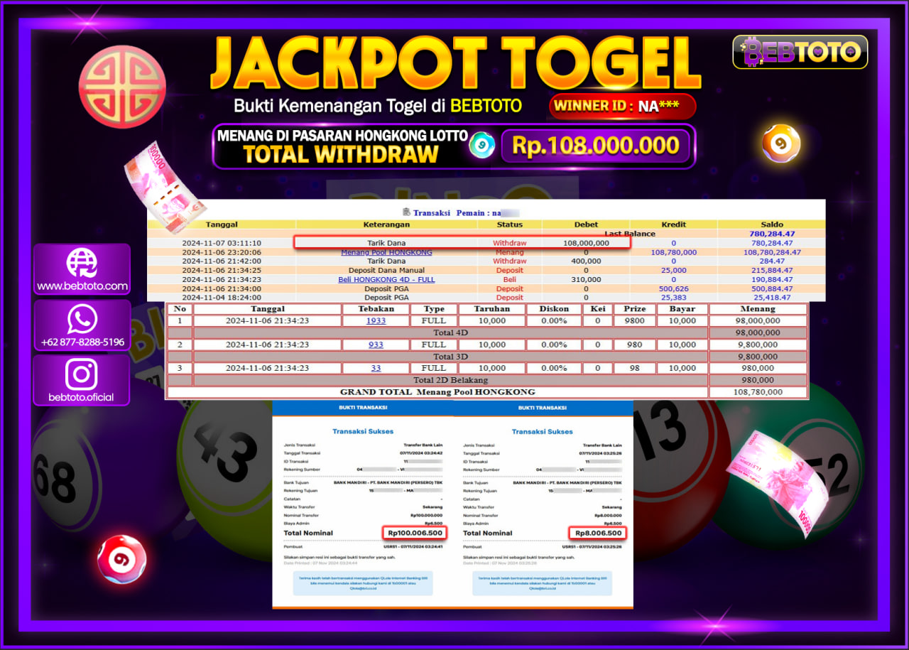 JACKPOT TOGEL BEBTOTO HONGKONG LOTTO Rp.108.000.000.,- LUNAS