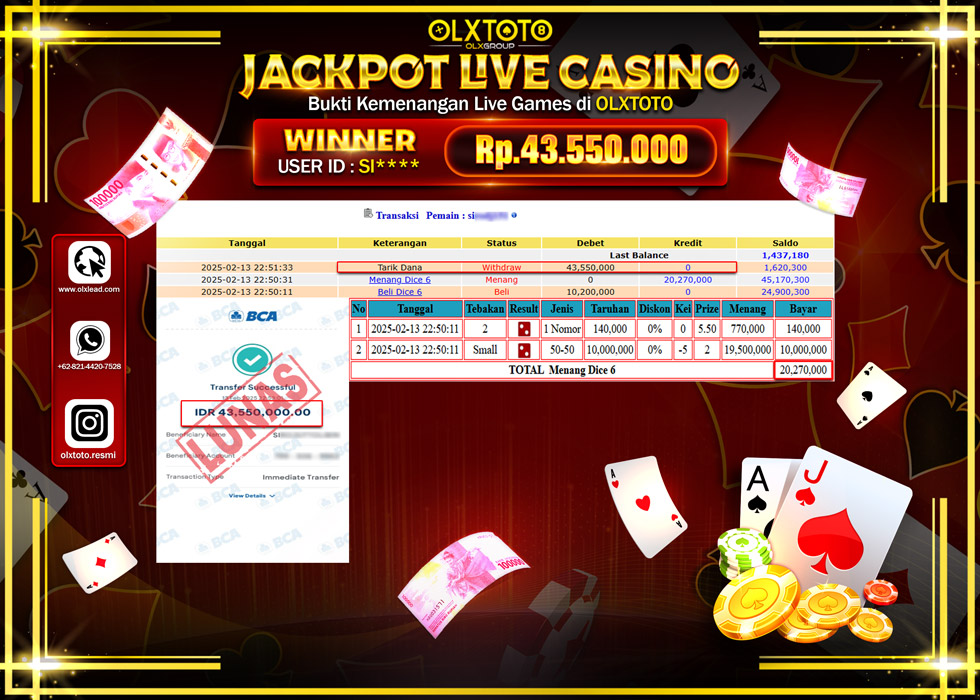 OLXTOTO JACKPOT  LIVE GAMES DICE 6 Rp.43.550.000.,- LUNAS