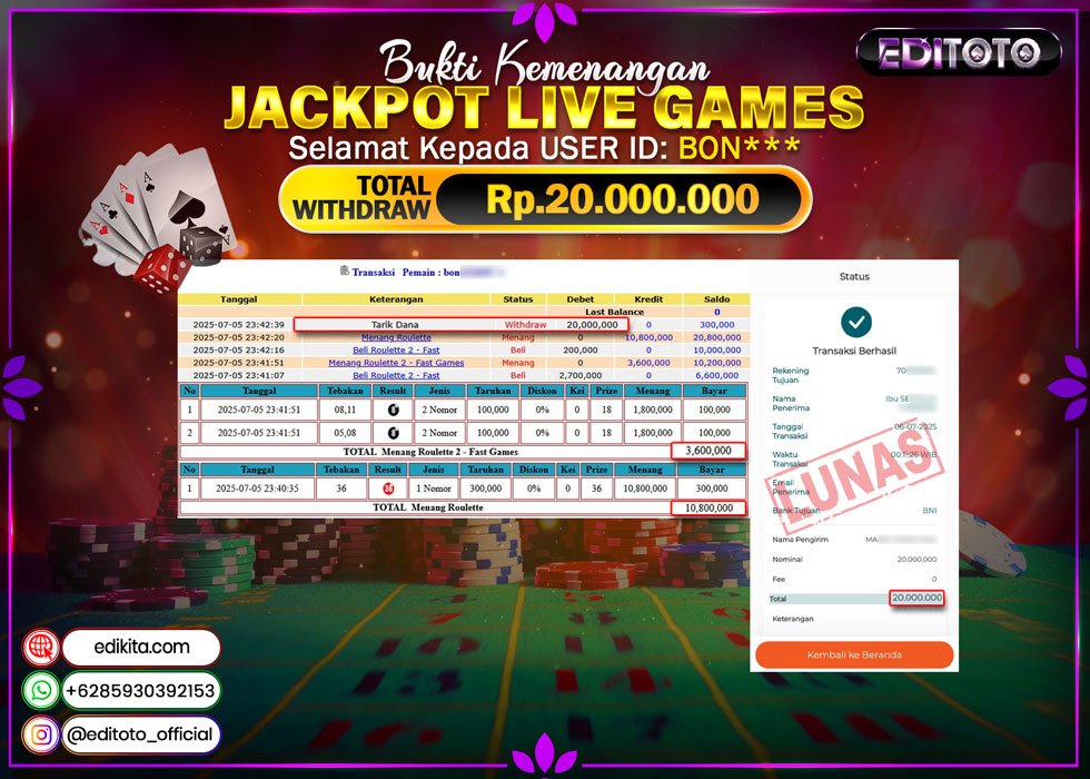 JACKPOT EDITOTO LIVE GAMES ROULETTE 2 - FAST GAMES  Rp. 20.000.000.,- LUNAS