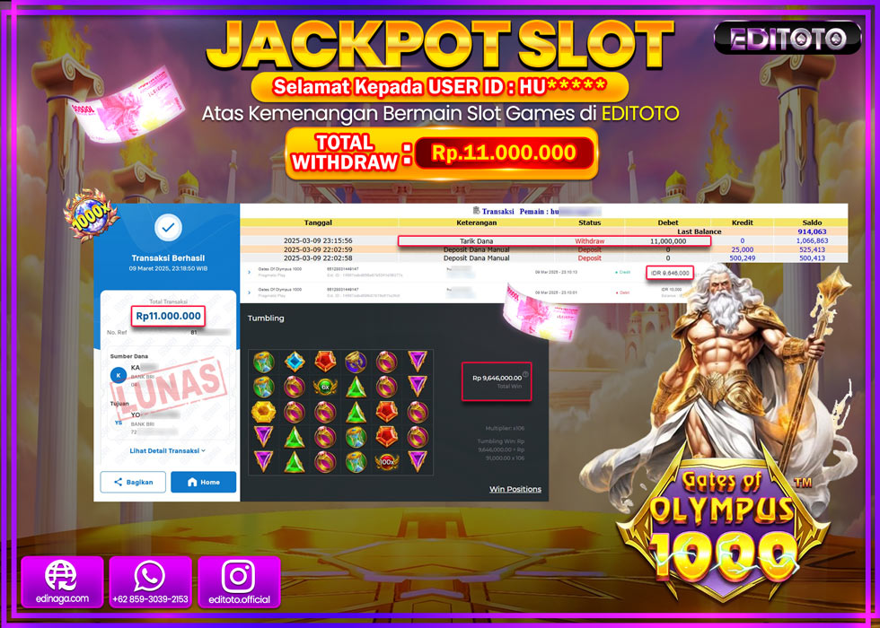 JACKPOT SLOT GATES OF OLYMPUS 1000  Rp.11.000.000.,- LUNAS