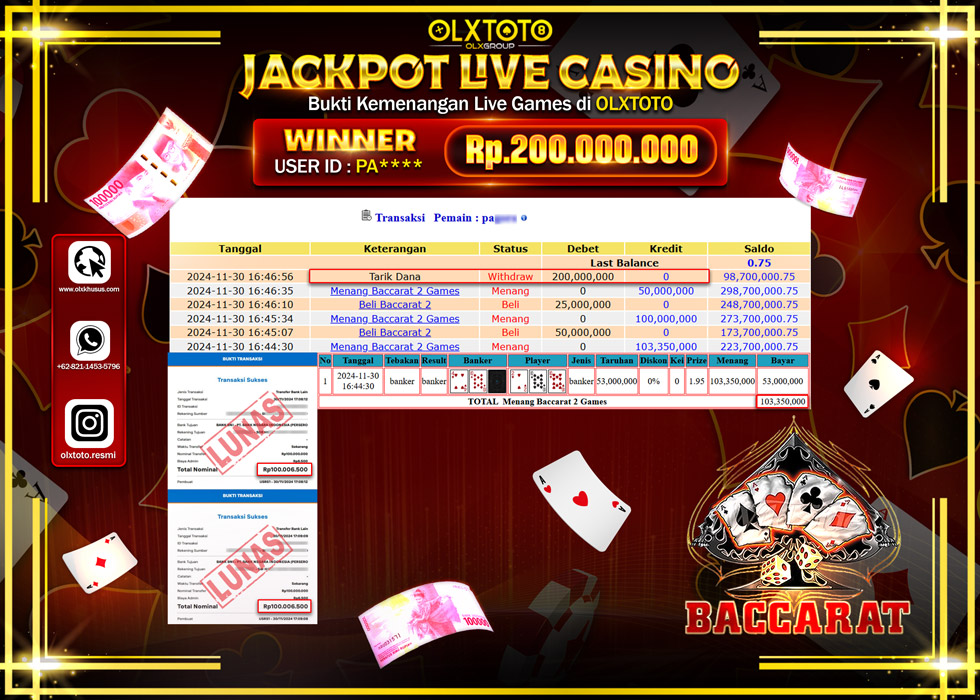 OLXTOTO JACKPOT  LIVE GAMES BACCARAT Rp.200.000.000.,- LUNAS