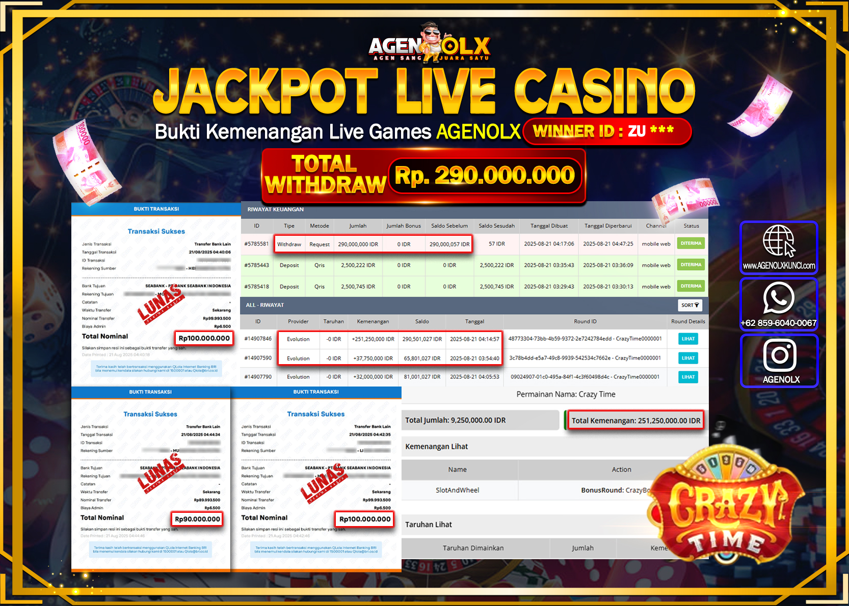 AGENOLX JACKPOT  LIVE CASSINO CRAZYTIME Rp 290,000,000,- LUNAS