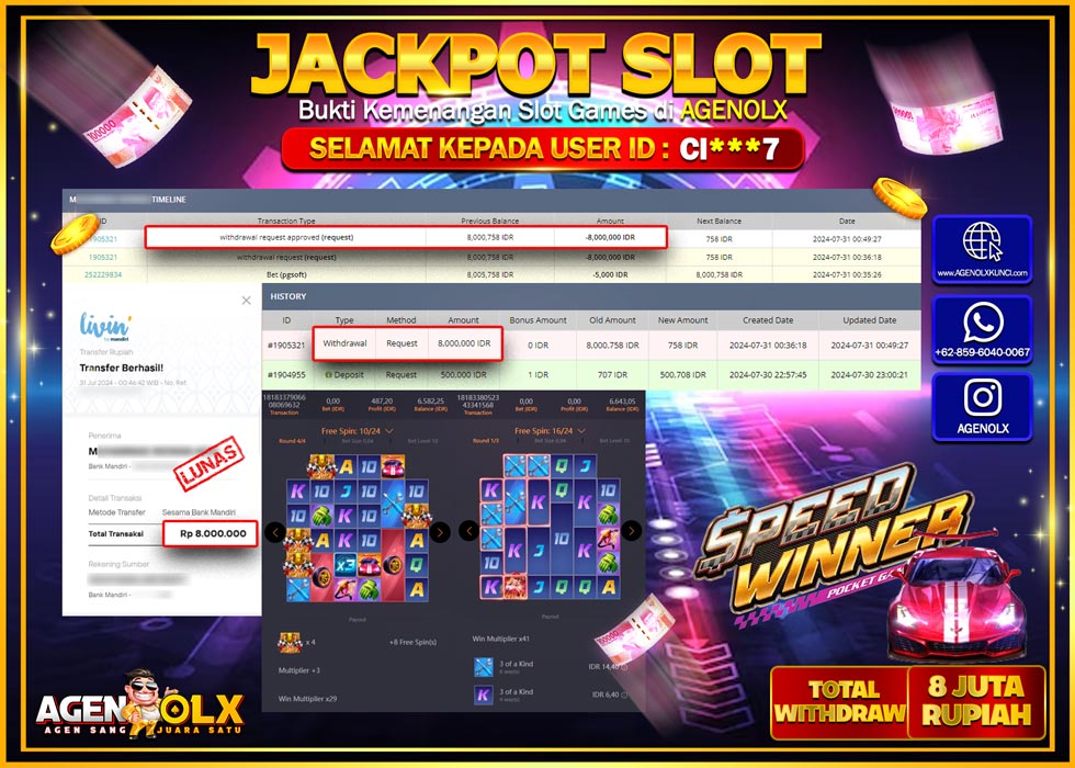 AGENOLX JACKPOT SLOT SPEED WINNER Rp.8.000.000,- LUNAS