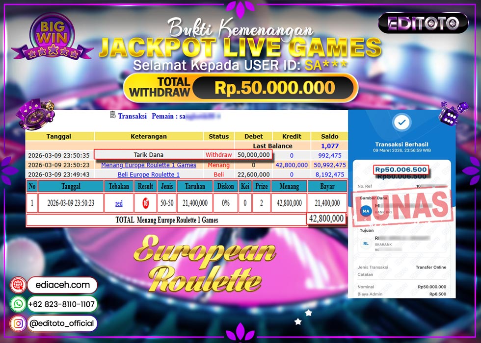 JACKPOT EDITOTO LIVE GAMES EUROPEAN ROULETTE GAMES Rp. 50.000.000.,- LUNAS