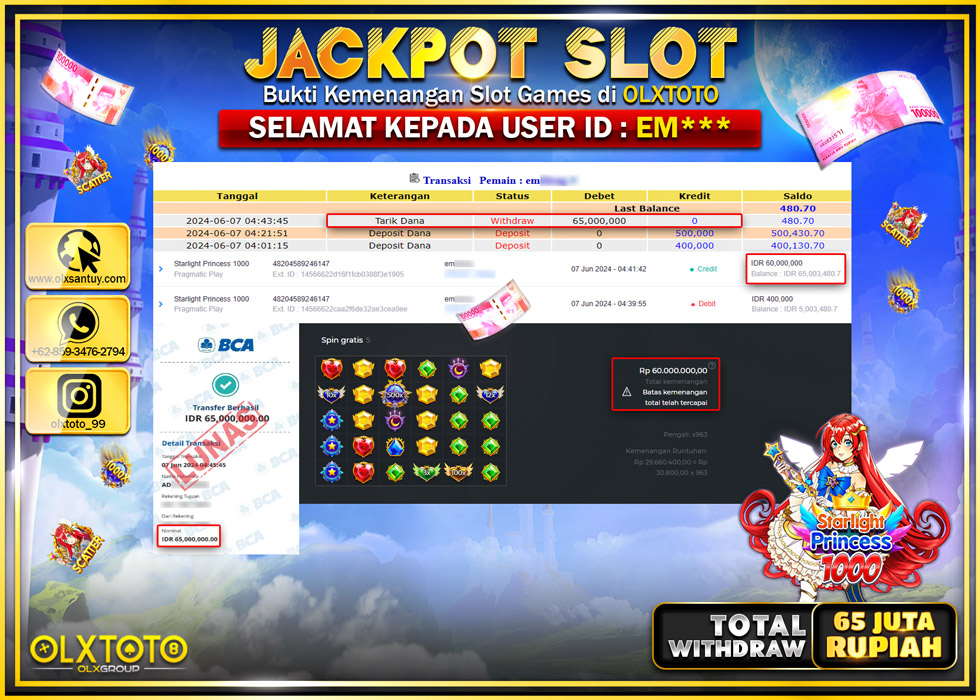 OLXTOTO JACKPOT SLOT STARLIGHT PRINCESS 1000 Rp.65.000.000.,- LUNAS