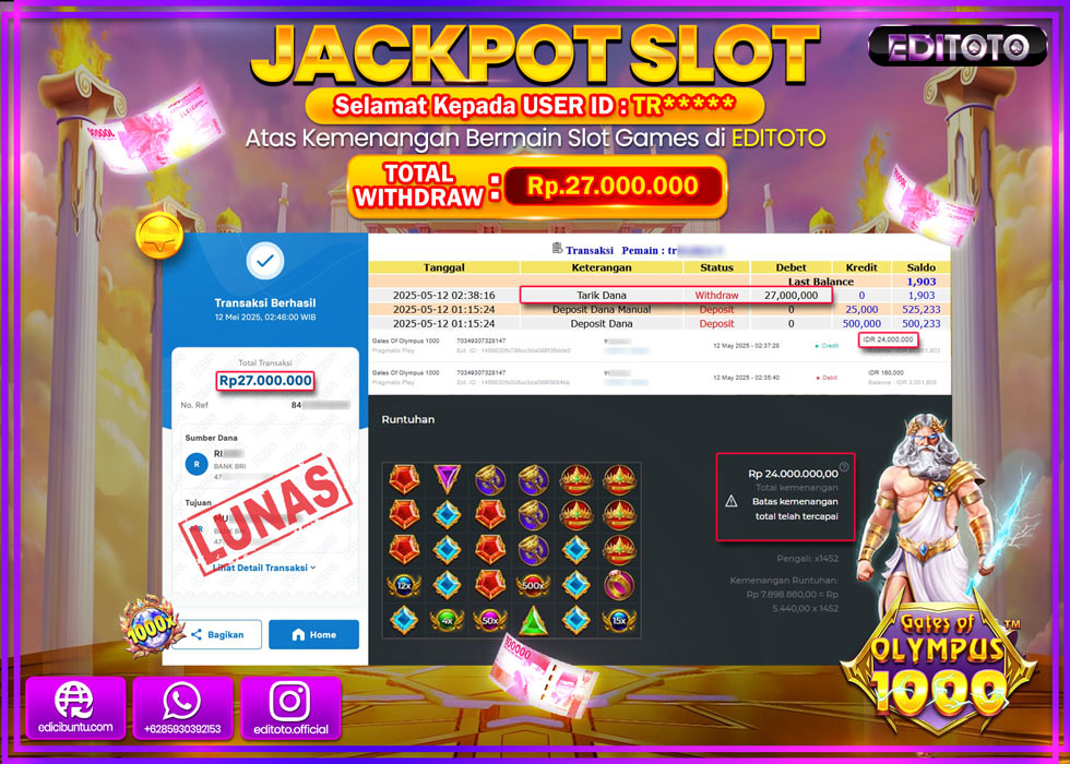 JACKPOT EDITOTO SLOT GATES OF OLYMPUS 1000 Rp.27.000.000,- LUNAS