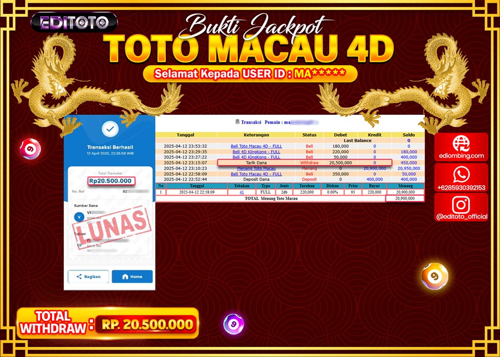 JACKPOT EDITOTO TOGEL PASARAN TOTOMACAU 4D Rp.20.500.000.,- LUNAS