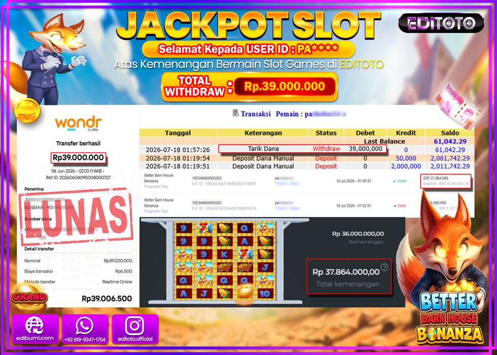 JACKPOT EDITOTO SLOT BETTER BARN HOUSE BONANZA Rp.39.000.000,- LUNAS