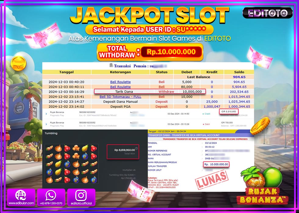 JACKPOT SLOT RUJAK BONANZA Rp.10.000.000.,- LUNAS