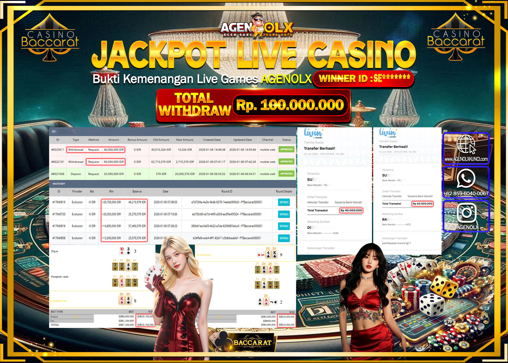 AGENOLX JACKPOT CASSINO BACCARAT EVOLUTION  Rp 100.000.000 - LUNAS