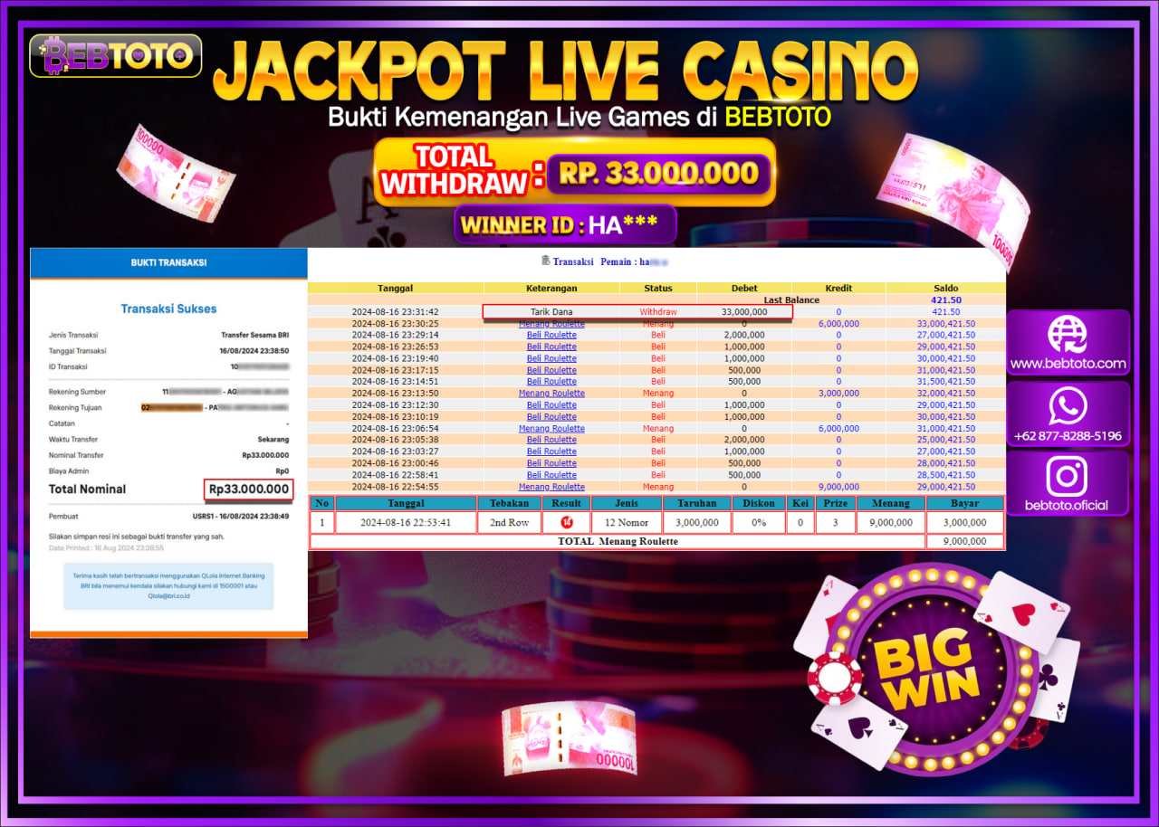 JACKPOT LIVE CASINO BEBTOTO ROULETTE Rp.33.000.000.,- LUNAS