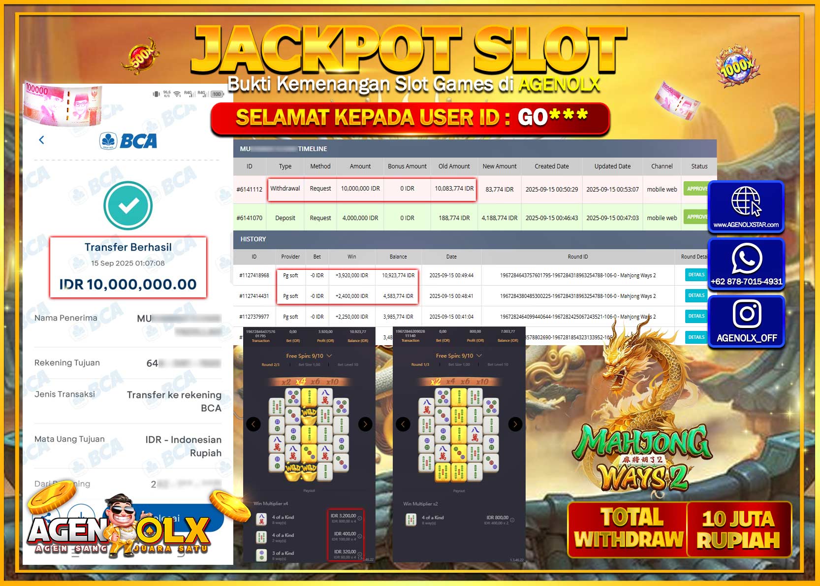 AGENOLX JACKPOT  SLOT MAHJONG WAYS 2 Rp 10,000,000,- LUNAS