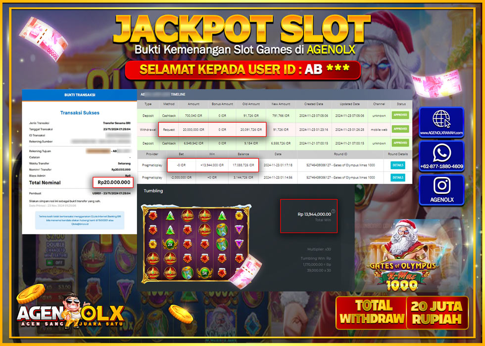 AGENOLX JACKPOT  SLOT GATES OF OLYMPUS 1000 X-MAS Rp 20.000.000,- LUNAS
