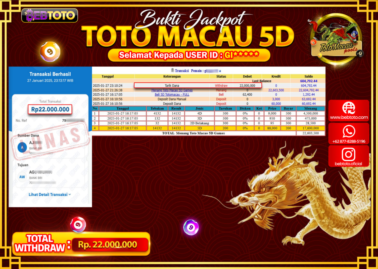 JACKPOT LIVE CASINO BEBTOTO TOTO MACAU 5D Rp.22.000.000.,- LUNAS
