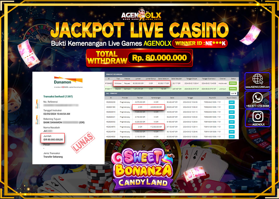 AGENOLX JACKPOT Live casino Rp.80.000.000,- LUNAS