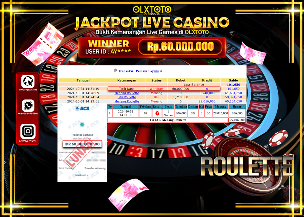 OLXTOTO JACKPOT  LIVE GAMES ROULETTE  Rp.60.000.000.,- LUNAS