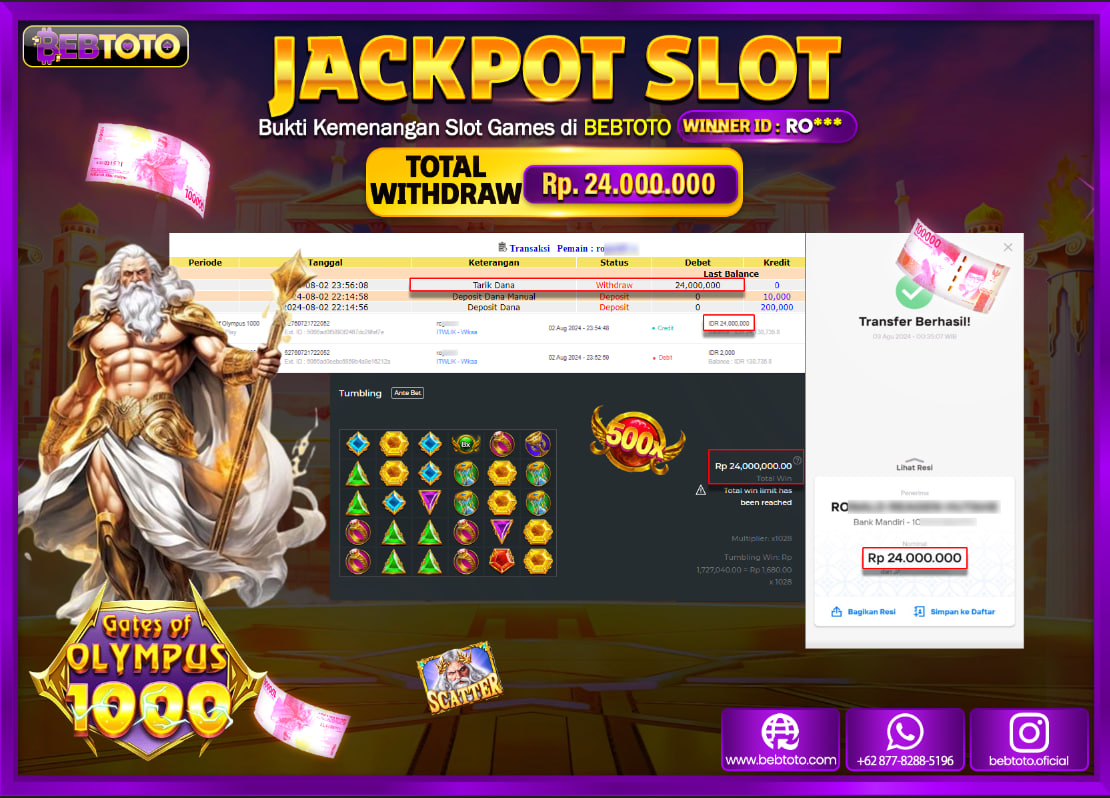 JACKPOT SLOT BEBTOTO Gates Of Olympus 1000 Rp.24.000.000.,- LUNAS