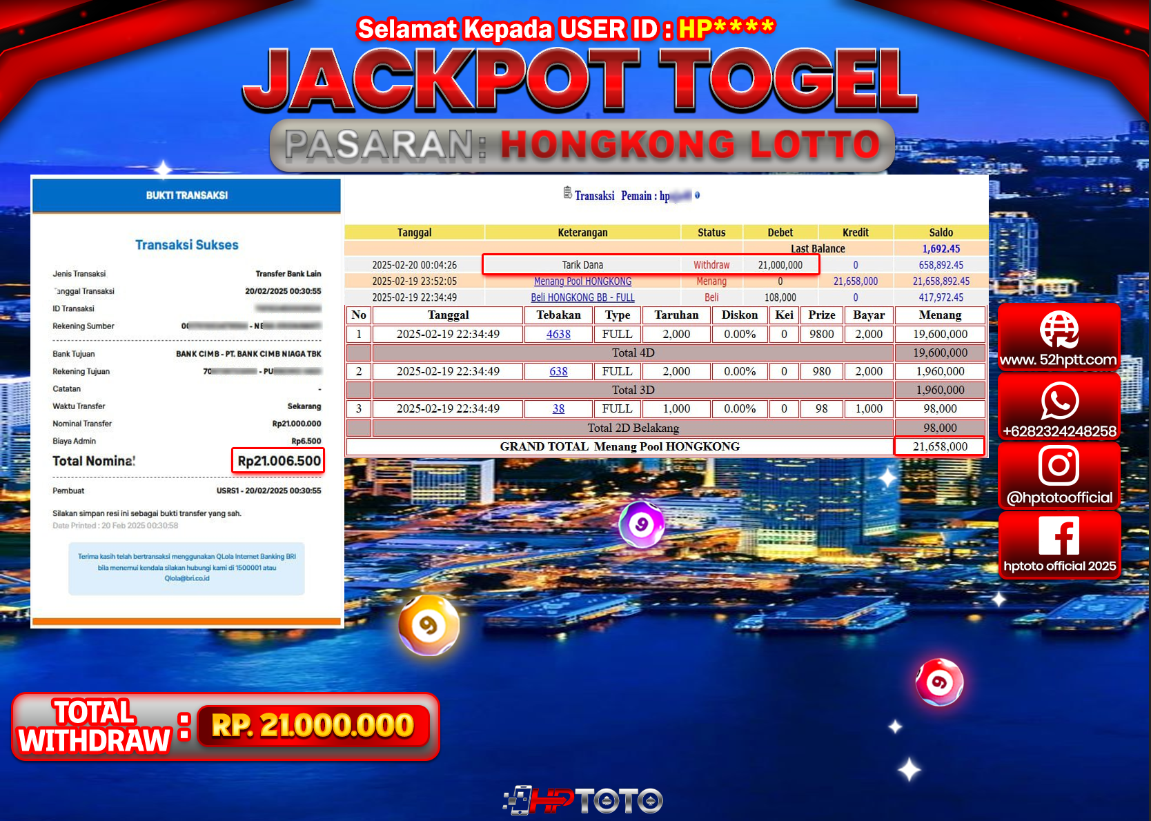 HPTOTO JACKPOT TOGEL PASARAN HONGKONG LOTTO Rp.21.000.000,- LUNAS
