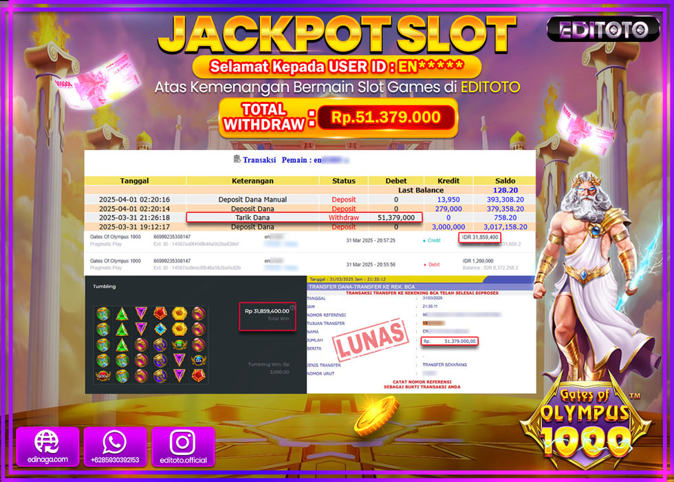 JACKPOT SLOT GATES OF OLYMPUS 1000 Rp.51.379.000.,- LUNAS