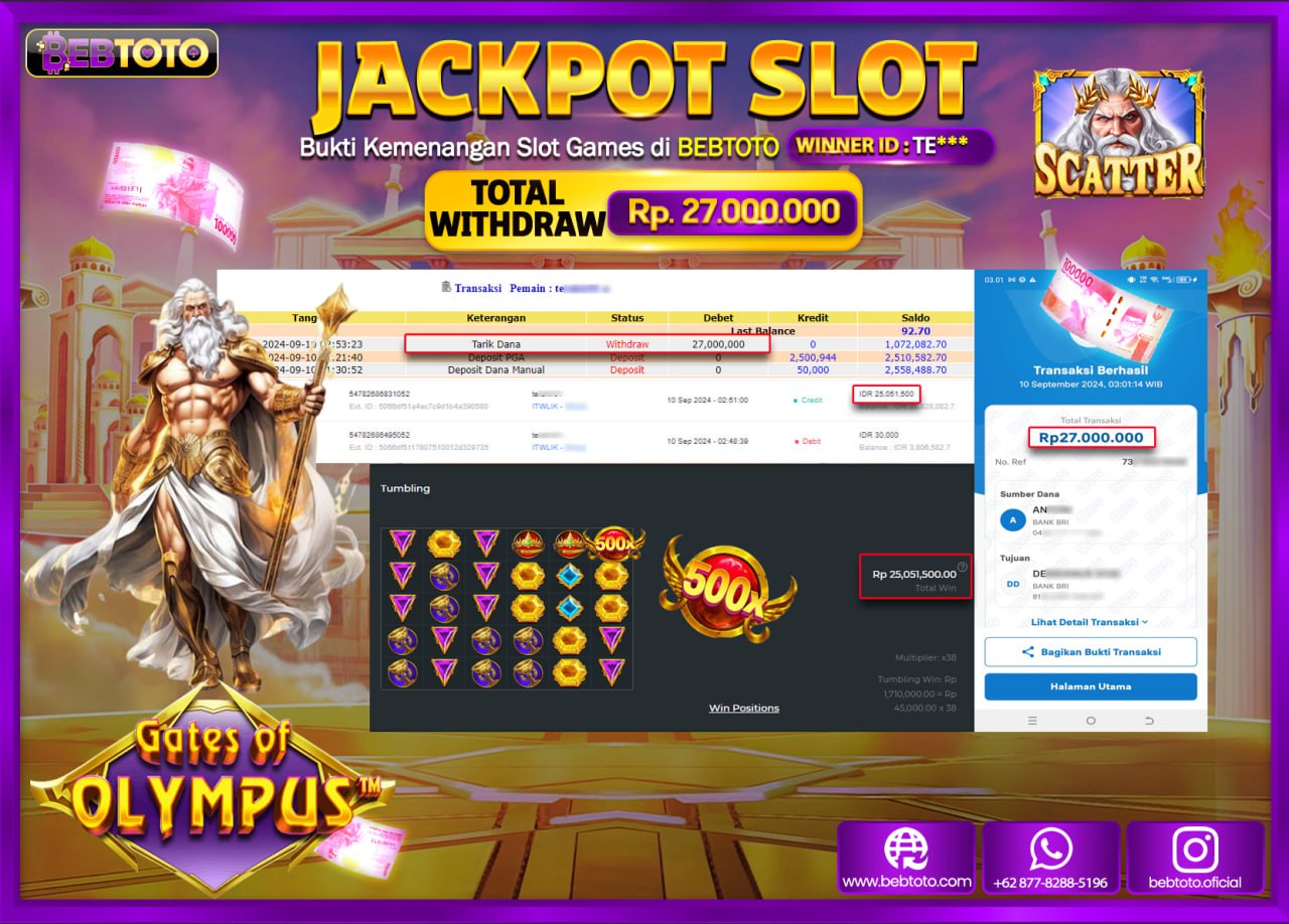 JACKPOT SLOT BEBTOTO GATES OF OLYMPUS Rp.27.000.000.,- LUNAS