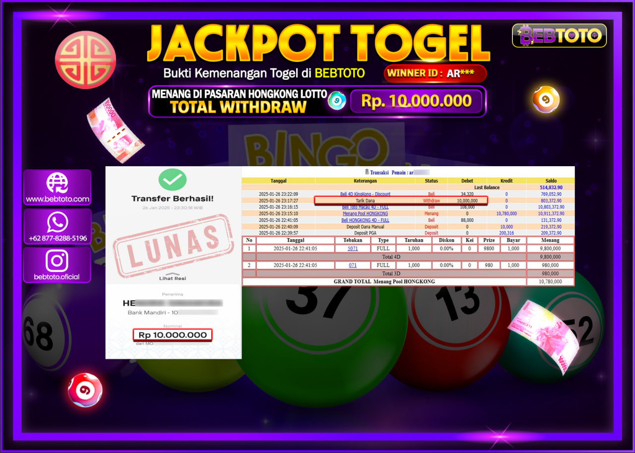 JACKPOT TOGEL BEBTOTO HONGKONG LOTTO Rp.10.000.000.,- LUNAS