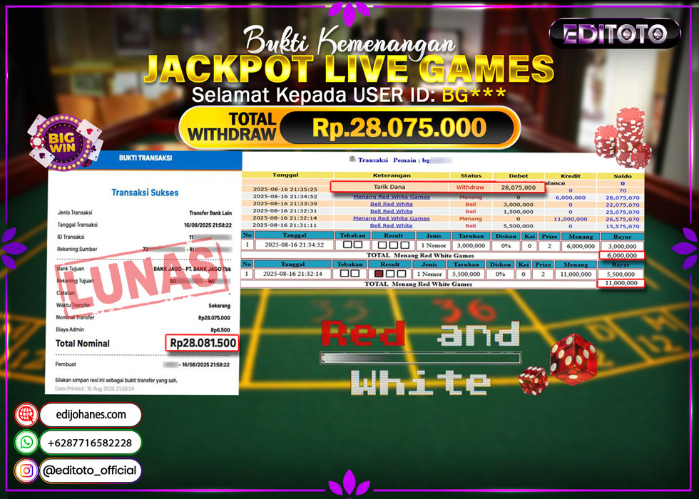 JACKPOT EDITOTO LIVE GAME RED WHITE GAMES  Rp.28.075.000.,- LUNAS