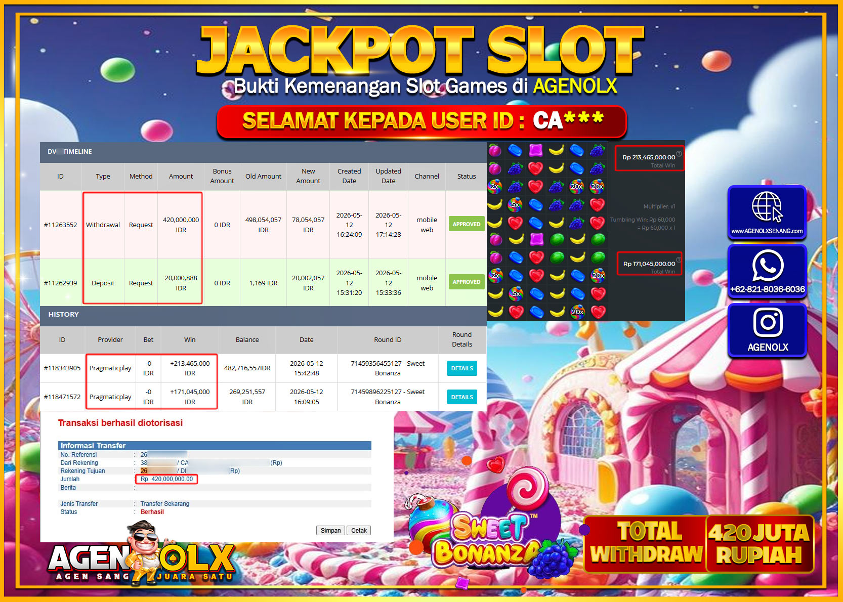 AGENOLX JACKPOT SLOT SWEET BONANZA  Rp 420.000.000 - LUNAS
