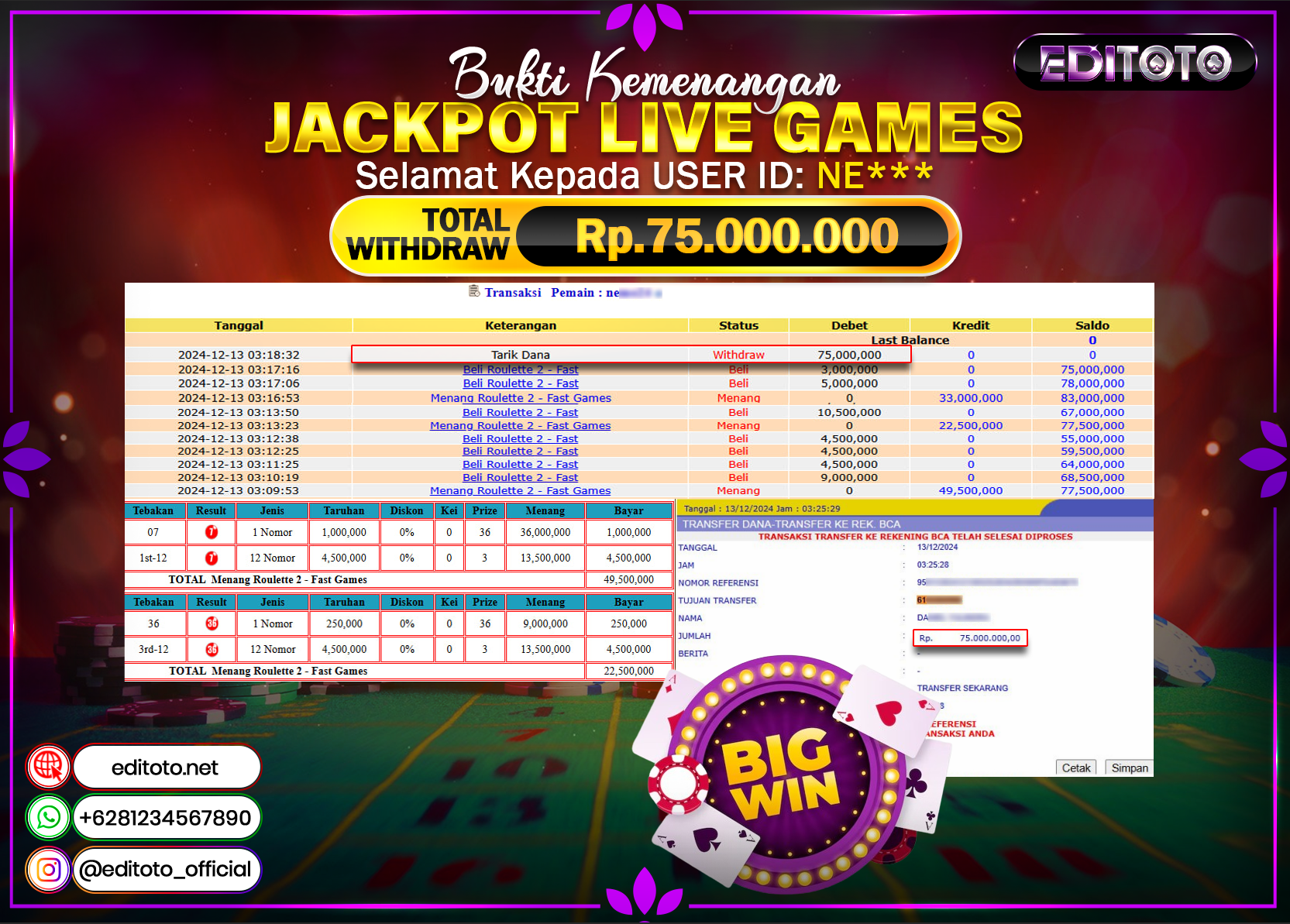 JACKPOT LIVE GAME ROULETTE Rp.75.000.000.,- LUNAS