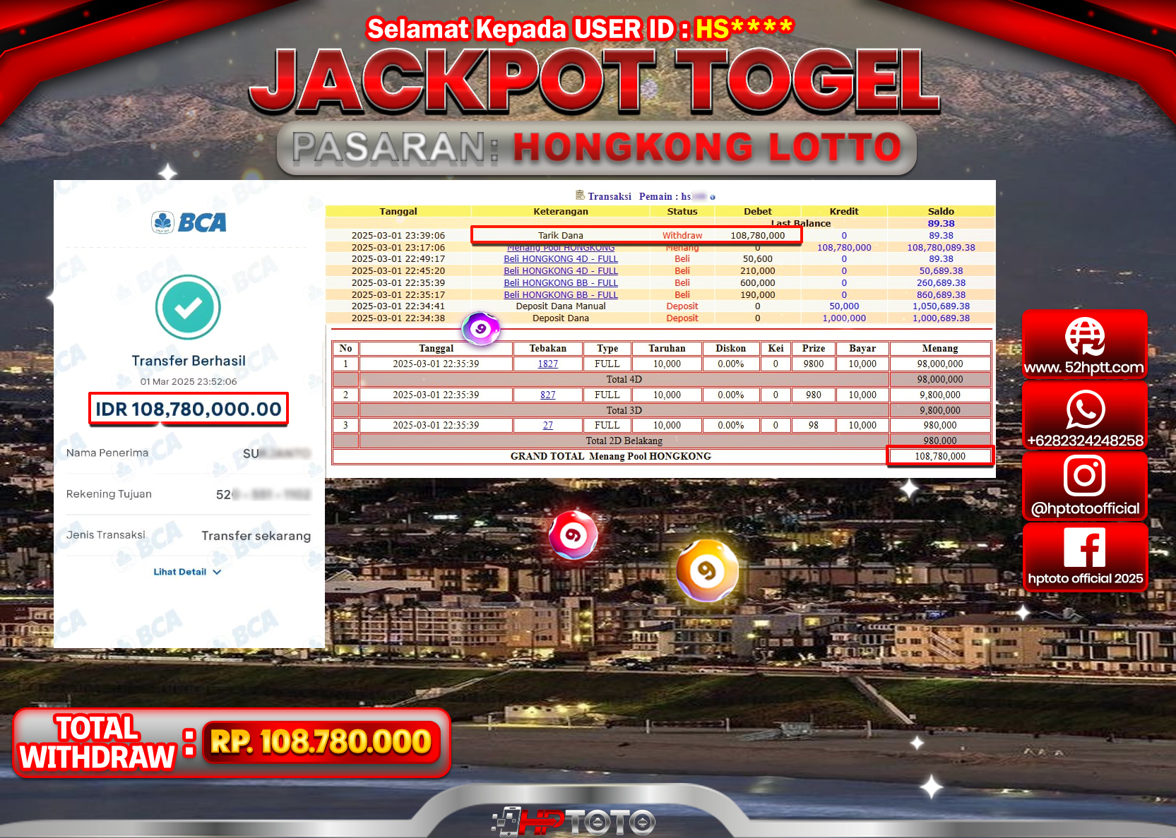 HPTOTO JACKPOT TOGEL PASARAN HONGKONG LOTTO Rp.108.780.000,- LUNAS