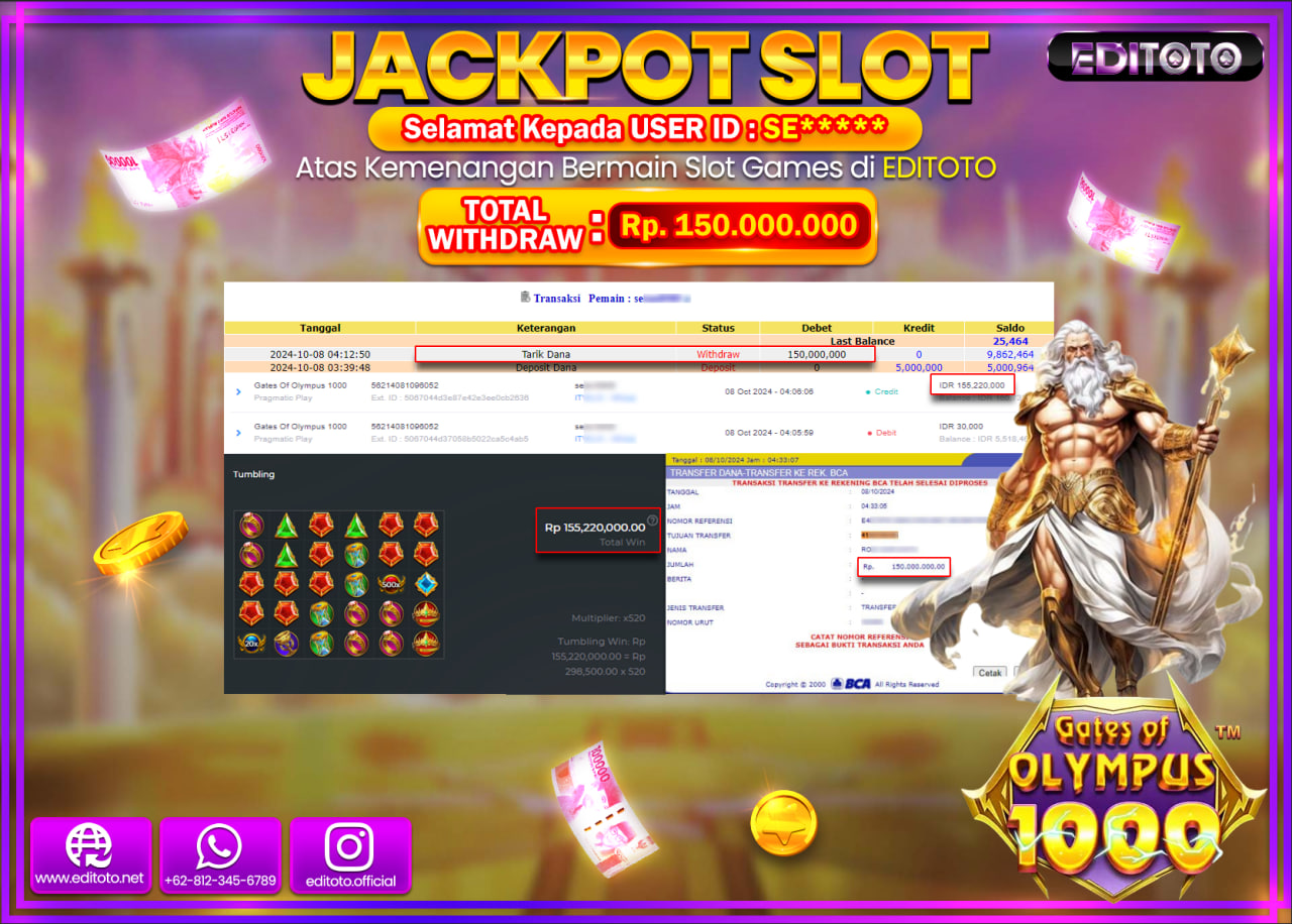 JACKPOT SLOT Gates Of Olympus 1000  Rp.150.000.000.,- LUNAS