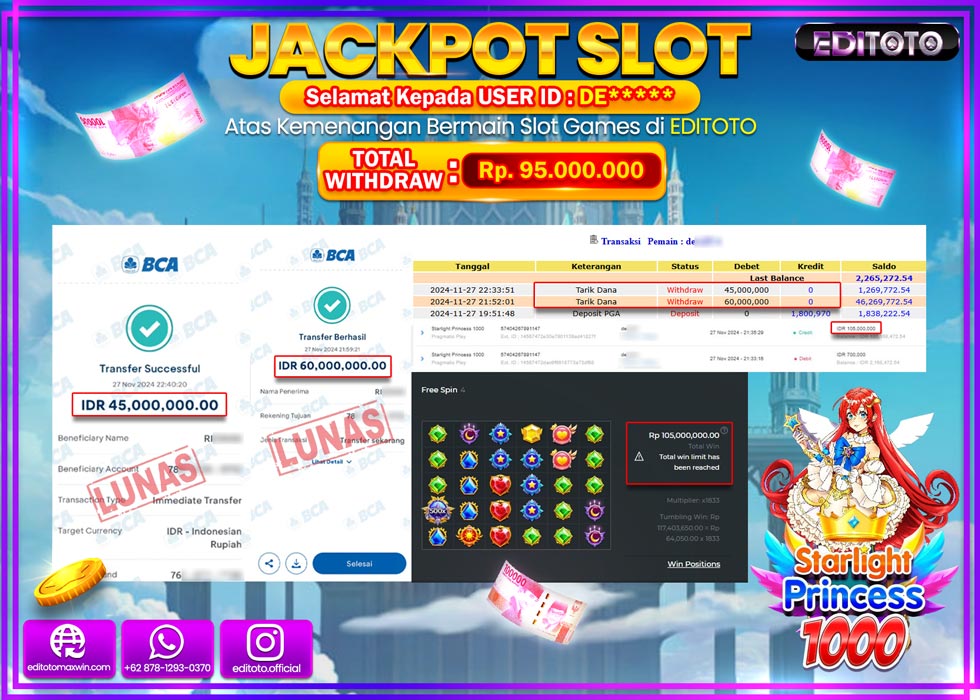 JACKPOT SLOT STARLIGHT PRINCESS 1000 Rp.95.000.000.,- LUNAS