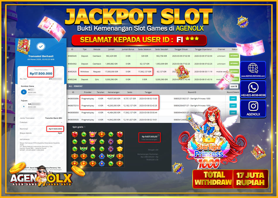 AGENOLX JACKPOT  SLOT STARLIGHT PRINCESS 1000 Rp 17.500.000,- LUNAS