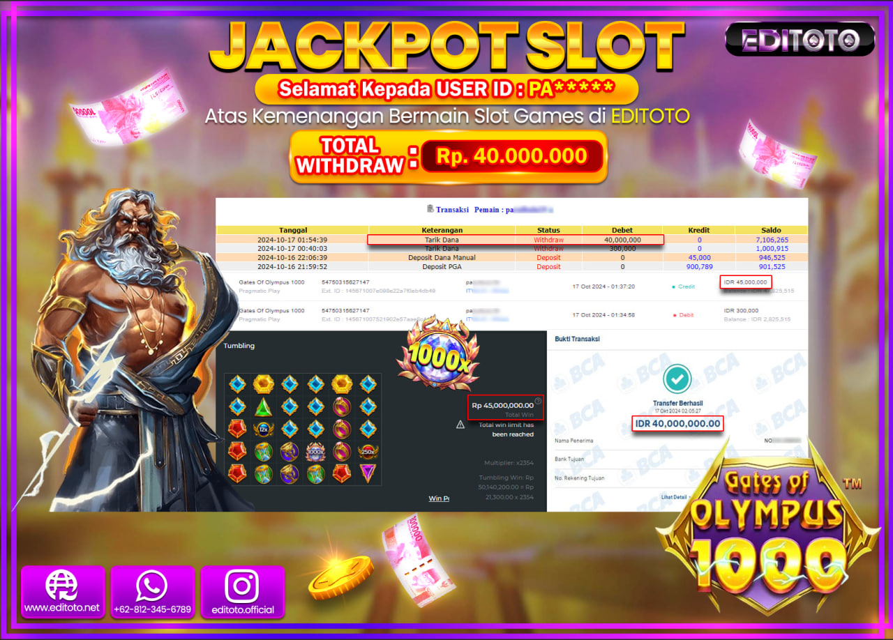 JACKPOT SLOT GATES OF OLYMPUS 1000 Rp.40.000.000.,- LUNAS