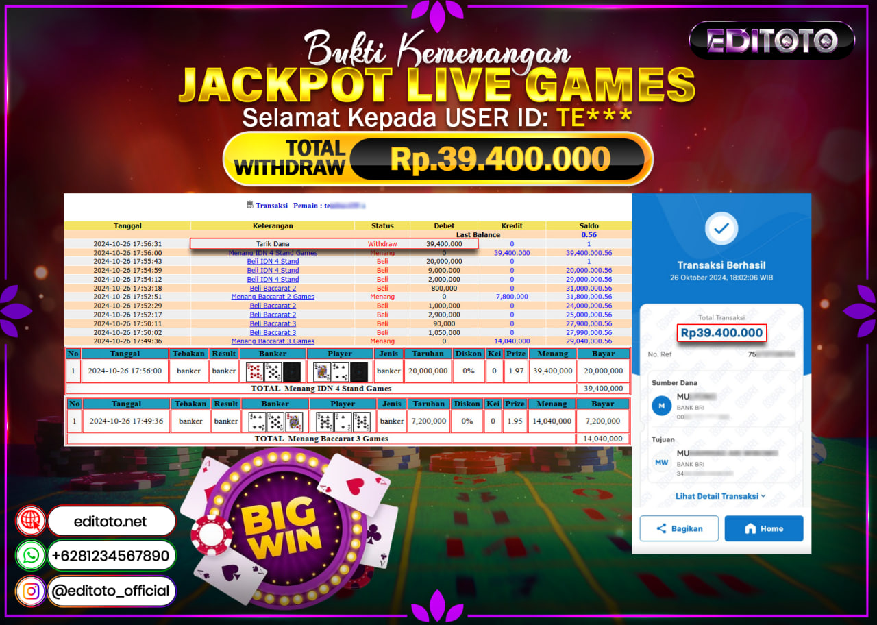 JACKPOT LIVE GAME BACCARAT Rp.39.400.000.,- LUNAS